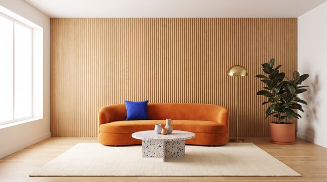 Modern living room with rust orange curved sofa, oak slat wall, terrazzo table and brass lamp