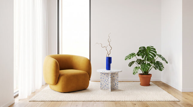 Minimal living room corner with mustard swivel armchair, terrazzo table and monstera plant