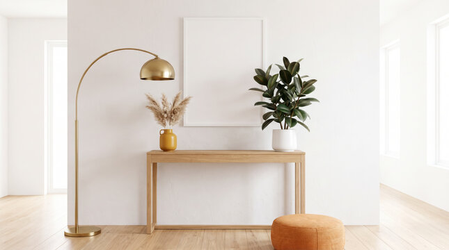 Entryway hall with brass arc floor lamp, oak console table, pampas grass and orange pouf