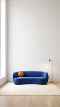Tall minimalist living room with compact cobalt blue sofa, orange cushion and brass floor lamp