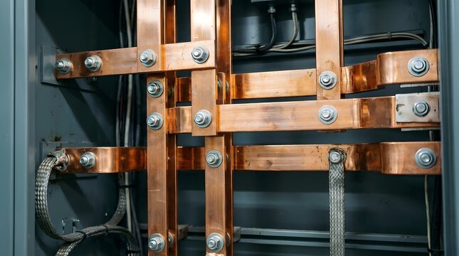 A detailed interior view of an electrical enclosure reveals copper busbars and various connections vital for robust power distribution systems