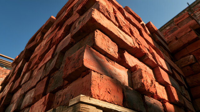 Low angle view of a tall stack of red bricks secured for construction project, capturing the strong industrial texture and warm sunlight illuminating the masonry blocks against a clear blue sky backgr