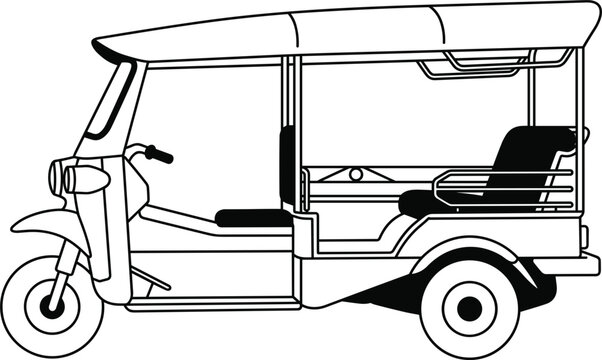 Traditional Asian three wheeled tuk tuk auto rickshaw taxi vehicle vector illustration line art icon