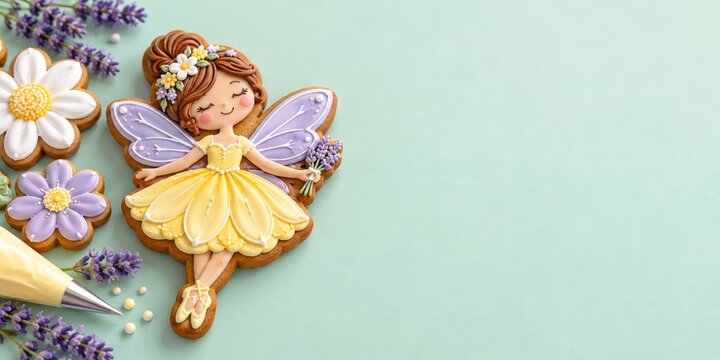 Decorated fairy-shaped gingerbread cookie with flower cookies and lavender on mint background. Creative cookie decorating and baking. Whimsical fantasy dessert for celebrations.