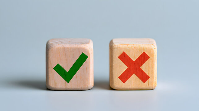 Two wooden blocks display contrast symbols with a green checkmark and a red cross representing right and wrong choices decision making success and failure options business concept metaphor isolated ba