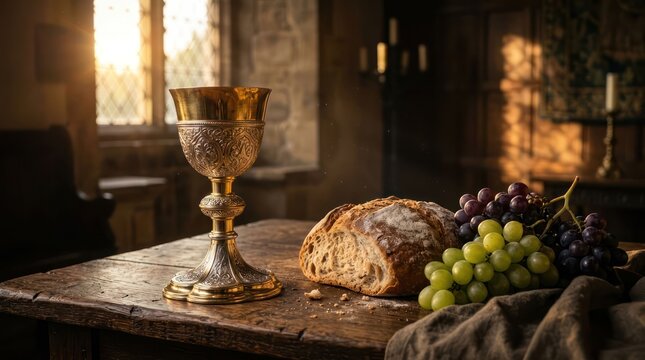 Sacred Communion Elements Chalice Bread and Grapes on a Rustic Table.