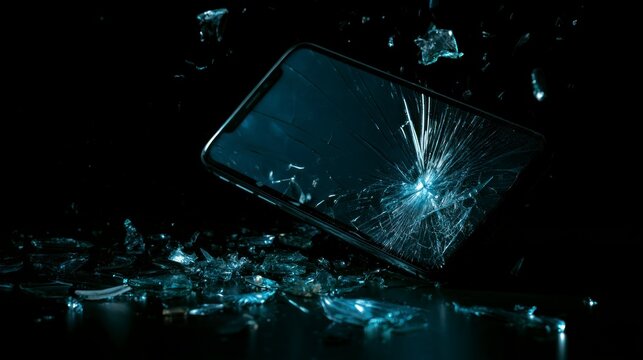 Smartphone with shattered screen and flying glass shards on black background