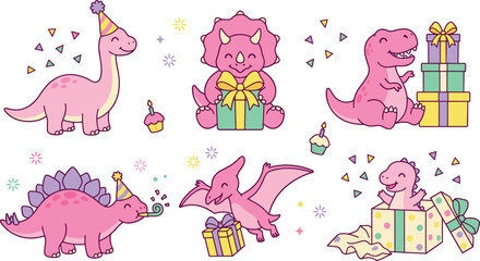 Cute Pink Dinosaur Birthday Party Vector Icon Set with T-Rex, Triceratops, Brachiosaurus, Birthday Cake, Gifts, and Festive Decorations for Kids Designs © Ratul