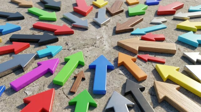Colorful 3D arrows pointing toward center on concrete floor