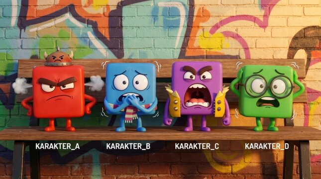 Colorful cube characters showing different emotions on wooden bench
