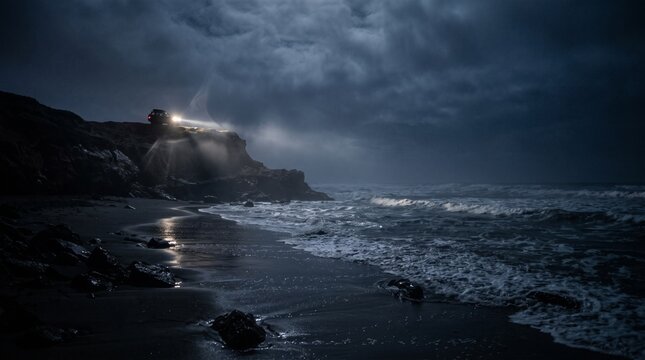 Night Drive Along a Stormy Beach