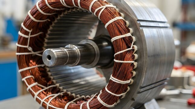 A very detailed close up view of an electric motor stator featuring tightly wound copper coils and a metallic grey iron core