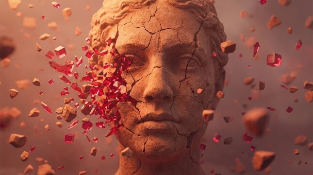 Cracked stone statue face with red crystals shattering outward