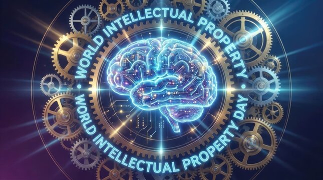 Digital brain within clockwork gears representing intellectual property rights