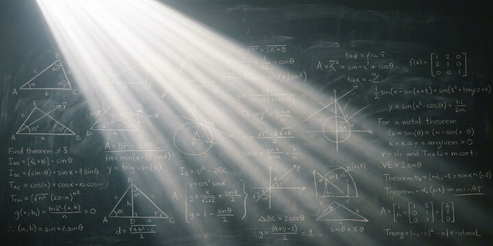 Bright diagonal light beam shining over a dark chalkboard background with chalk dust chalkboard mathematics geometry education classroom blackboard spotlight formulas learning research