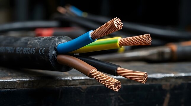 Severely damaged electrical cables show exposed wires resting on a dark metal surface illustrating a clear and present safety hazard