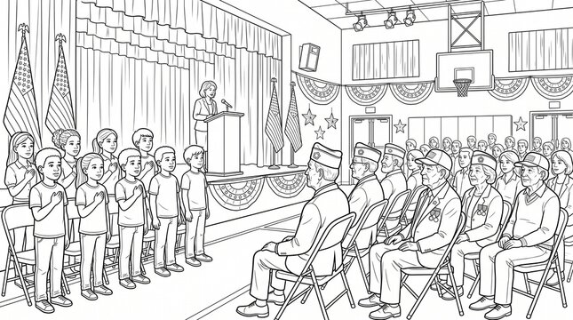 School Assembly Honoring Veterans with Students and Military Personnel, Detailed Line Art Illustration for Educational Materials
