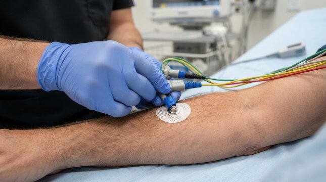 medical sensor lead connection closeup Electrodes attached to an arm for medical testing or monitoring.