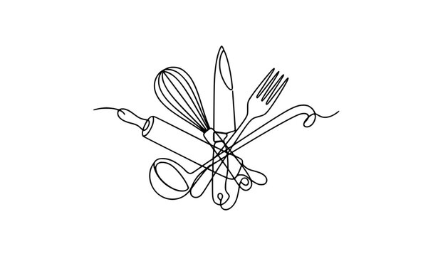 Abstract continuous single line drawing of kitchenware and cooking tools vector illustration with overlapping cutlery outline
