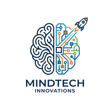 Mindtech innovations logo with brain and circuit board rocket design isolated on transparent background