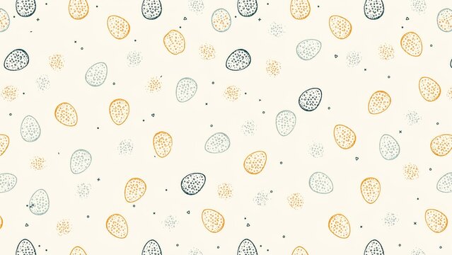 Seamless pattern of hand-drawn easter eggs in muted blue and orange, scattered dots and speckled texture on a cream background