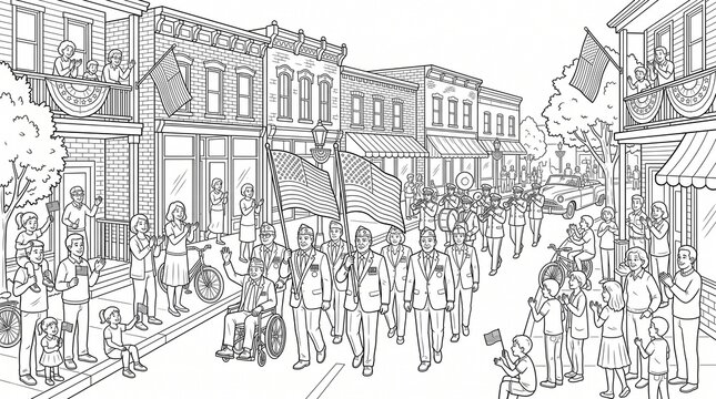Veterans marching in parade with American flags, black and white line art illustration of a patriotic town celebration for coloring book page