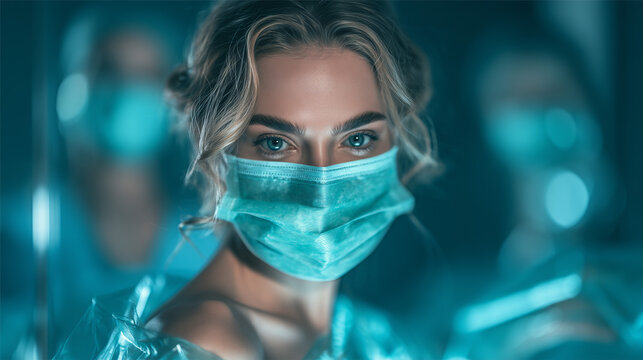 Futuristic portrait of a female medical professional wearing a protective mask in a glowing blue clinical environment. Concept of modern healthcare, surgery, infection prevention and medical technolog