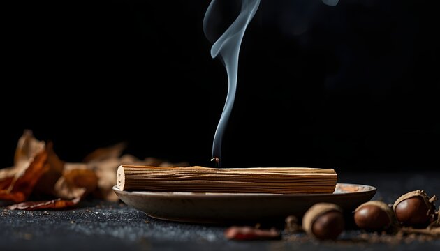 A stick of natural palo santo wood burning on a ceramic tray, a gentle wisp of elegant white smoke curling in the air