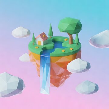 A lowpoly fantasy floating island with a house waterfall trees and clouds against a soft gradient background