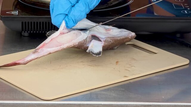 Close-up of chef in blue glove cleaning and gutting fresh monkfish with sharp knife on cutting board in restaurant kitchen.