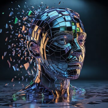 Abstract human head made of shiny metallic mirror fragments shattering