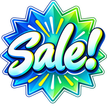 Bright blue and green starburst sale badge with the word Sale in bold white lettering