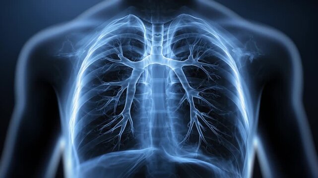 X-ray style 3D medical illustration of human lungs with glowing bronchial tree, ribcage and spine in blue light on a dark background, person raising arms to breathe, respiratory health concept