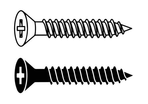Metal screw line art and solid black silhouette icons vector set.