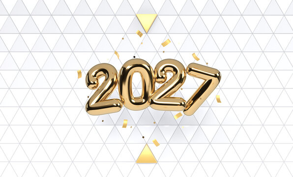 2027 Happy New Year 3D text with gold glossy numbers and confetti on white triangular geometric background