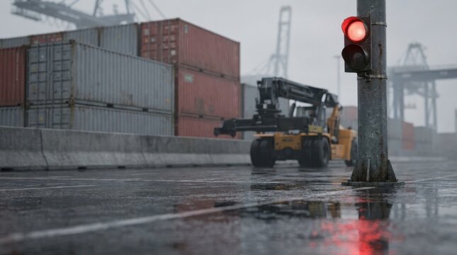 Stacked intermodal shipping containers behind harbor barrier with reach stacker and red signal light under overcast sky
