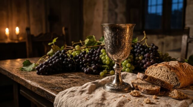 Still Life of Grapes Bread and Wine Goblet on Table.