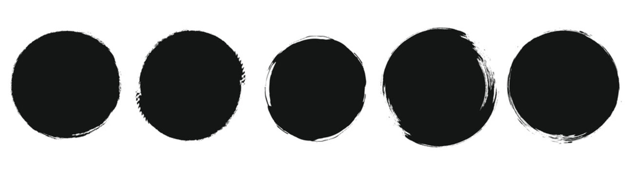 Black grunge ink brush stroke circles vector set isolated on white background