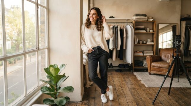 Stylish Woman Posing in a Brightly Lit Boutique Clothing Store.