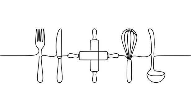 Minimalist continuous line art kitchen utensils vector set with modern cutlery and baking tools line drawing on white background
