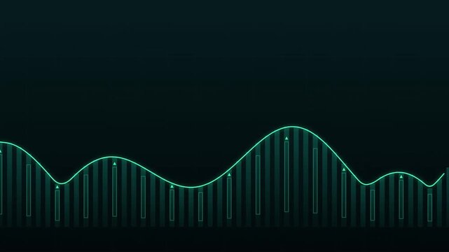 Cyan glowing business line graph with bar charts moving on dark grid background.