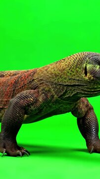 Majestic Komodo dragon walking slowly across a bright green screen background with tongue flicking and realistic tail motion