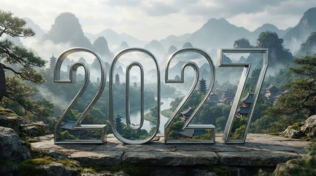 The Year 2027 Emerges in a Mystical Mountain Landscape.