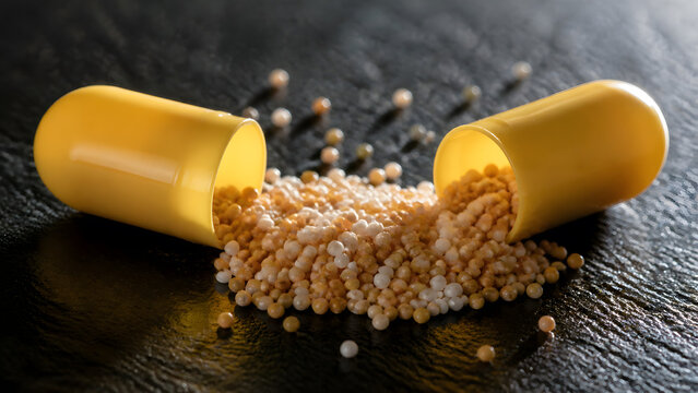 Open yellow capsule spilling tiny medicine granule on dark textured surface with dramatic warm lighting macro