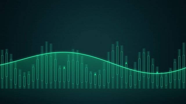 Animated financial candlestick chart with glowing wave on dark digital background.