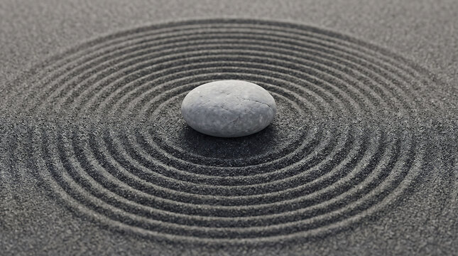 Mindfulness and zen meditation, smooth stone on raked black sand with circular patterns for stress relief and spiritual balance in a peaceful garden