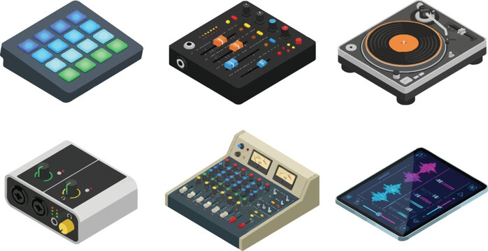 Isometric DJ equipment and music production tools set, professional audio studio gear icons, electronic sound recording hardware vector collection