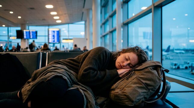 An exhausted female passenger sleeping in a chair in the waiting area of ​​a modern airport.