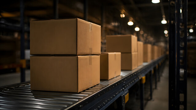 Cardboard box stacked on roller conveyor belt inside dim warehouse with shelf and warm light