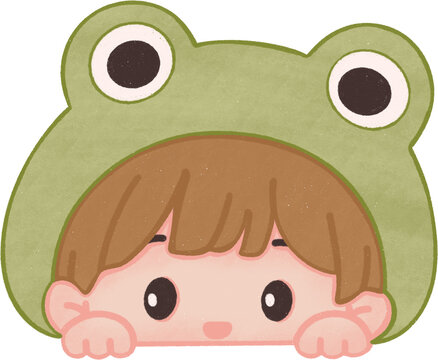 Cute Kid Peeking with Green Frog Hat Kawaii Cartoon
